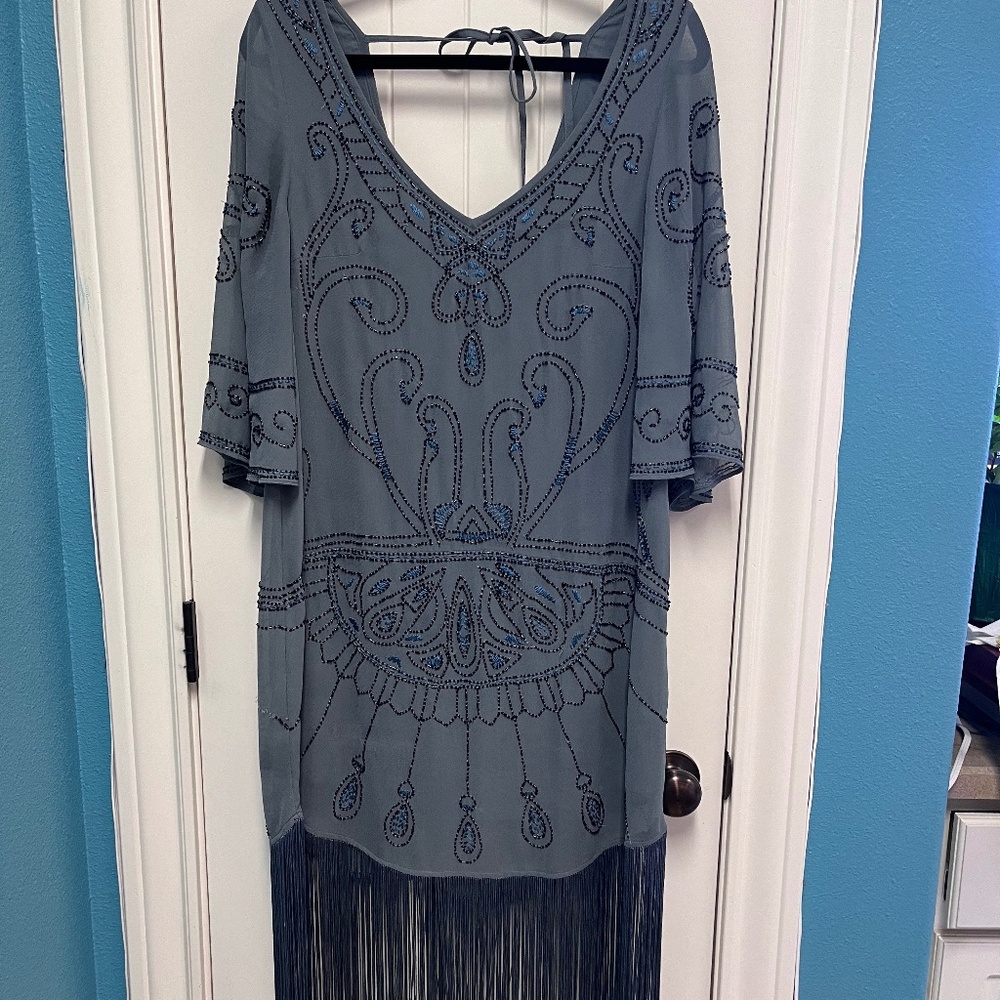Free People Slate Blue Beaded Fringe Boho Dress Size Medium